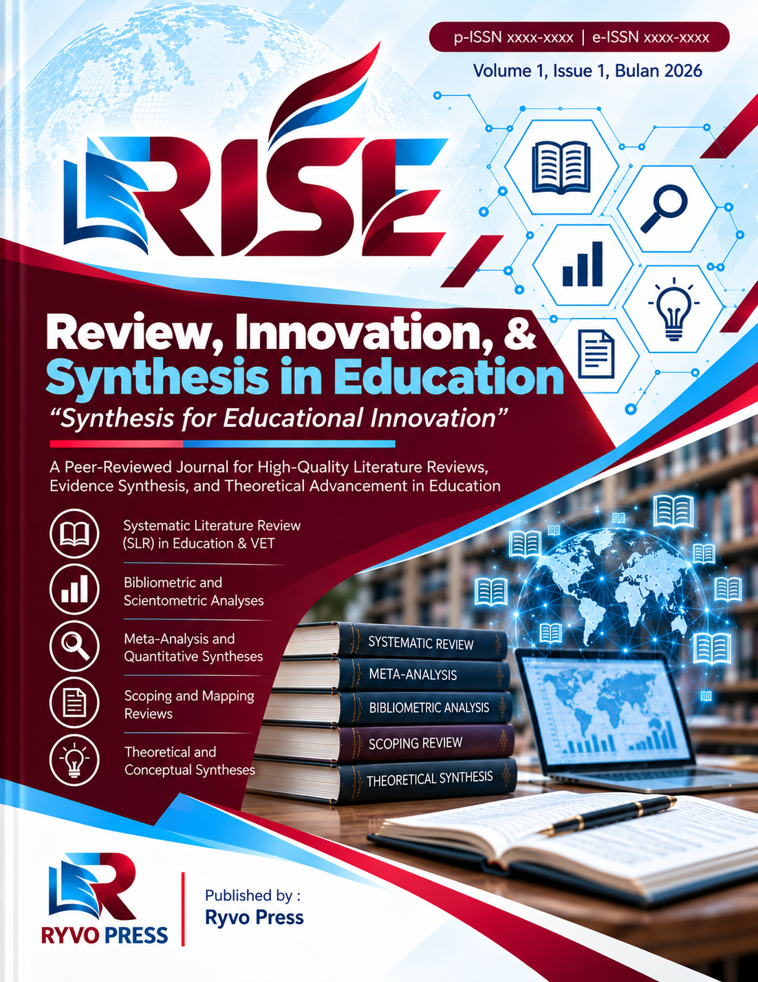 thumbnail of the Review and Integrative Synthesis in Education (RISE) journal, displaying the journal logo on the left and a stack of books with reading glasses on a wooden desk on the right, set against a blurred library background.