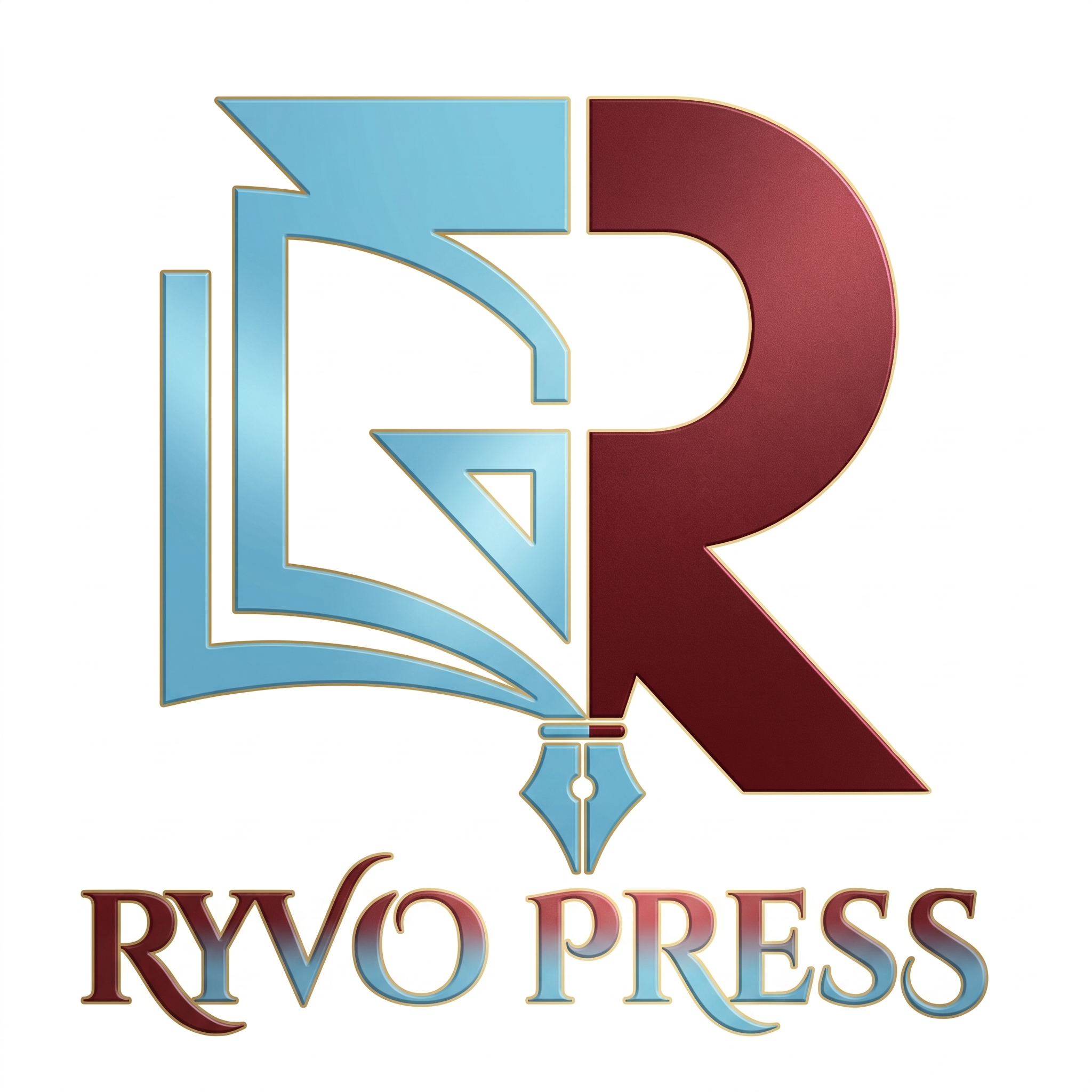 "Ryvo Press logo featuring a stylized open book, the letter R, and a fountain pen nib on a white background."
